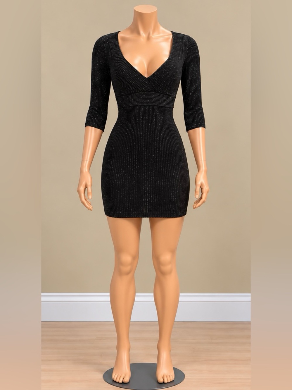 Zhivago Black Shimmer Ribbed Surplice V Neck Bodycon Mini Dress XS UK6 US2